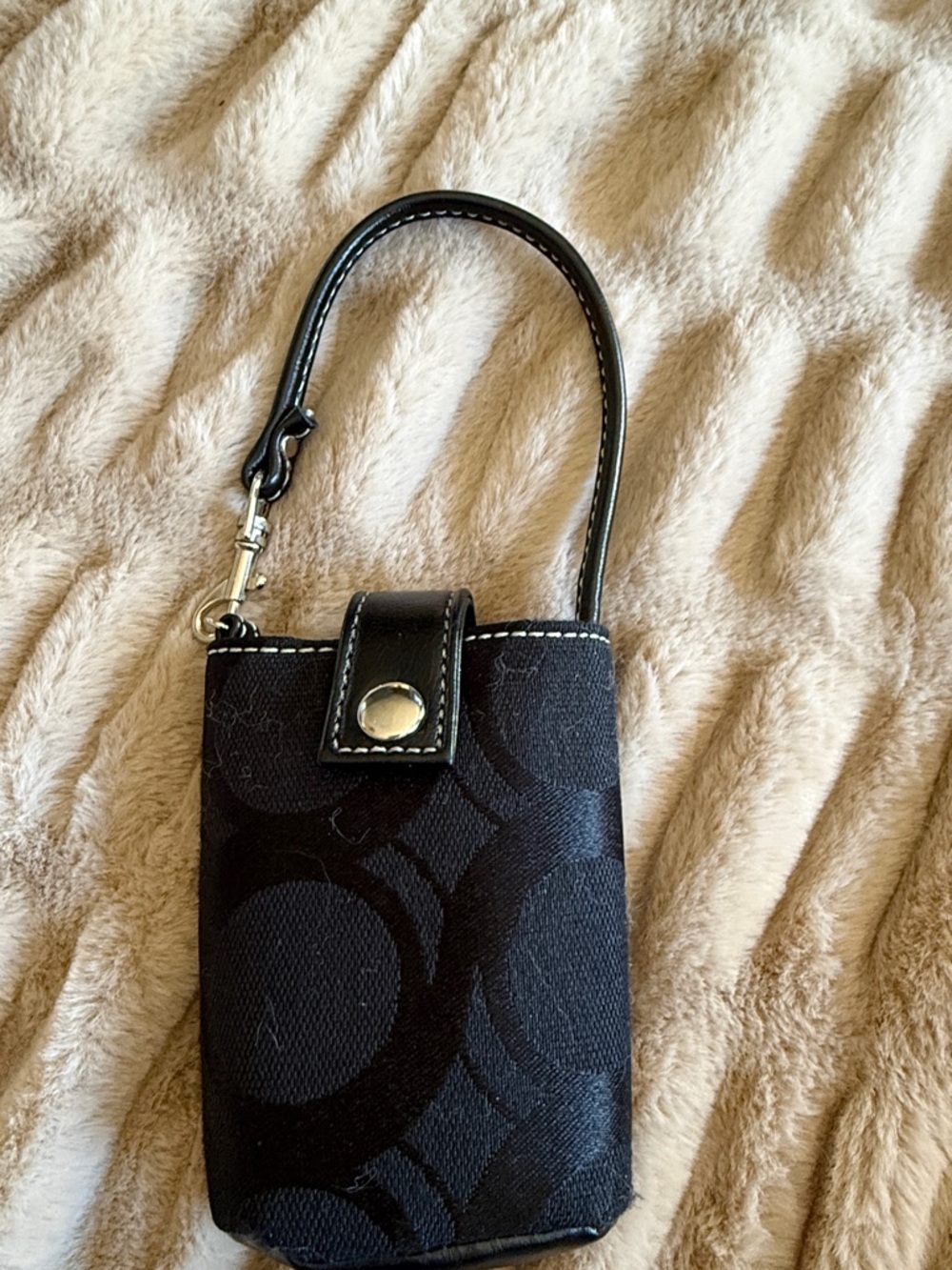 Coach Black Textured Wristlet Phone Pouch with Snap Strap